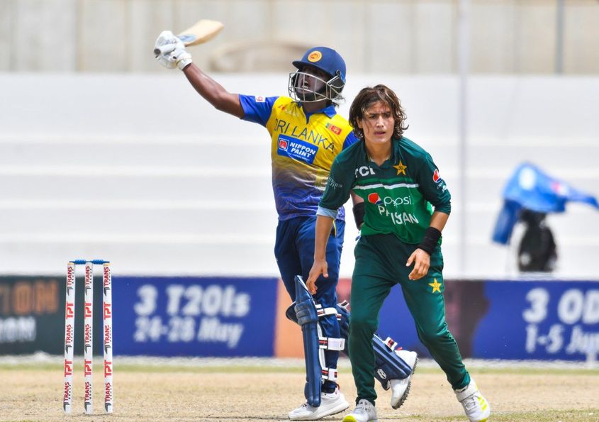 Sri Lanka captain Chamari Athapaththu lets out a roar after getting to her hundred