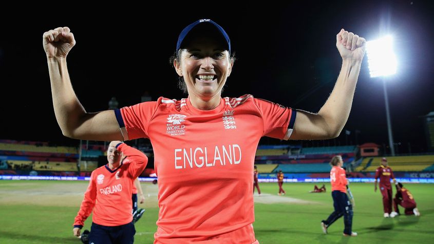 Edwards celebrates an England victory at the 2016 Women's T20 World Cup