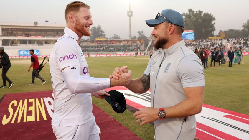 Ben Stokes and Brendon McCullum embrace after the win