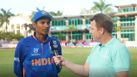 Yash Dhull speaks to Niall O'Brien after his 110-run innings against Australia
